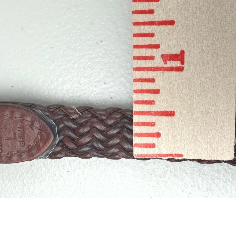 Brown Braided‎ Leather Belt Silver Solid Brass Buckle Woven Skinny Large 41 Inch